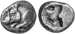 GRIECHISCHE MüNZEN LYKIEN No.: 726 Schätzpreis - Estimation EUR 460.- UNBESTIMMTE MüNZSTäTTEN. Stater, 500-480. Eberprotome n. l. Rv. Quadratum incusum. 9,29 g. Vismara II, Tf. I, 7. SNG von Aulock 40