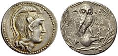 GRIECHISCHE MÜNZEN ATTIKA ATHEN Tetradrachmon, Neuer Stil , 139-138 v. Chr. Athenakopf n.r. im attischen Helm mit dreifacher Helmzier, verziert mit Ranke und vier Pferdeprotomen. Rv. A - ΘE Eule auf e