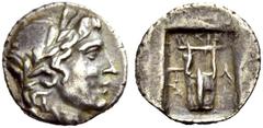 GRIECHISCHE MÜNZEN LYKIEN LYKISCHE LIGA Hemidrachmon, Kragos , 167-150 v. Chr. Apollokopf mit Lorbeerkranz n.r. Rv. ΛΥKIΩN Viersaitige Kithara zwischen T - Λ, unten l. Palmzweig, das Ganze in einem le