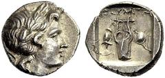 GRIECHISCHE MÜNZEN LYKIEN OLYMPOS Drachme, Pseudo-League issue , 100-88 v. Chr. Apollokopf mit Lorbeerkranz n.r. Rv. OΛΥMΠH Kithara zwischen Helm und Schwert hinter Rundschild; das Ganze in einem vert