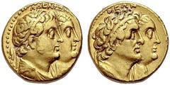 GRIECHISCHE MÜNZEN ÄGYPTEN KÖNIGREICH DER PTOLEMAIER Ptolemaios II. Philadelphos, 285-246 v. Chr. 1/2 Mnaeion (Tetradrachmon), Gold. AΔEΛΦΩN Die Büsten n.r. des Ptolemaios II. drapiert mit Diadem und 