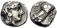 GRIECHISCHE MÜNZEN ATTIKA ATHEN Tetradrachmon, 280-260 v. Chr. Athenakopf n. r. im attischen Helm mit Helmzier, Ranke und Olivenblättern, sowie scheibenförmigem Ohrschmuck. Rv. AΘE Eule n. r., Kopf fr