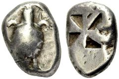 GRIECHISCHE MÜNZEN AIGINA Stater, nach 404 v. Chr. Schildkröte. Rv. Viergeteiltes Quadratum incusum. 12,06 g. SNG Cop. 502. Unregelmässiger Schrötling. Sehr schön