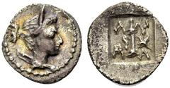 GRIECHISCHE MÜNZEN LYKIEN MASICYTES Vierteldrachmon ("Hemikitharephoros"), Period IV, ca. 28/27-19/18 v. Chr. Kopf der Artemis n. r. mit Stephane, Köcher über ihrer Schulter. Rv. Köcher im Quadratum i