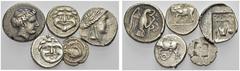 ANTIKE LOTS GRIECHEN KLEINSILBERMÜNZEN. Lot von 5 antiken Kleinsilbermünzen. MAKEDONIEN: EION, EUBOIA: CHALKIS, MYSIEN: PARION, LYKIEN: OLYMPOS. (5). Schön bis gutes sehr schön