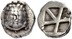 GRIECHISCHE MÜNZEN AIGINA Stater, 445-430 v. Chr. Landschildkröte. Rv. Fünfgeteiltes Quadratum incusum. 12,25 g. Hoover, HGC 6, 107,437. SNG Delepierre 1813 vgl. Punze auf Av. Sehr schön Erworben von 