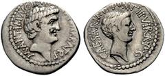 RÖMISCHE MÜNZEN IMPERATORISCHE PRÄGUNGEN Marcus Antonius, gest. 30 v. Chr. Denar, 41 v. Chr. Heeresmünzstätte / Athen. Mit M. Barbat. Q.P., M. Nerva Proq. P., L. Gell. Q.P. Barhäupt. Kopf des Antonius