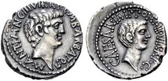 RÖMISCHE MÜNZEN IMPERATORISCHE PRÄGUNGEN Marcus Antonius, gest. 30 v. Chr. Denar, 41 v. Chr. Heeresmünzstätte / Athen. Mit M. Barbat. Q.P., M. Nerva Proq. P., L. Gell. Q.P. Barhäupt. Kopf des Antonius