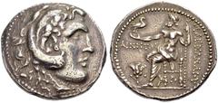 GRIECHISCHE MÜNZEN KÖNIGE VON MAKEDONIEN. Alexander III. der Grosse, 336-323 v. Chr. Tetradrachmon, postum, Rhodos, 201-190 v. Chr. Jugendlicher Herakleskopf im Löwenfell n.r. Rv. ΑΛΕΞΑΝΔΡΟΥ Zeus im H