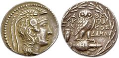 GRIECHISCHE MÜNZEN ATTIKA. ATHEN. Tetradrachmon, Neuer Stil, 128-127 v. Chr. Athenakopf n.r. im attischen Helm mit dreifacher Helmzier. Rv. Α-ΘΕ/ΛΥ/ΣΑΝ- ΓΛΑΥ/ΚΟΣ/ΔΑΜΩ Eule auf einer Amphora n.r., im F
