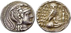 GRIECHISCHE MÜNZEN ATTIKA. ATHEN. Tetradrachmon, Neuer Stil, 115-114 v. Chr. Athenakopf n.r. im attischen Helm mit dreifacher Helmzier. Rv. Α-ΘΕ/ΣΩΚΡ/ΑΤΗΣ /ΔΙΟΝΥ/ΣΟΔΩ/ΑΘΗ/Ν Eule auf einer Amphora n.r.