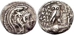 GRIECHISCHE MÜNZEN ATTIKA. ATHEN. Tetradrachmon, Neuer Stil, 106-105 v. Chr. Athenakopf n.r. im attischen Helm mit dreifacher Helmzier. Rv. Α-ΘΕ /ΕΥΜΗ-ΛΟΣ ΚΑΛ/ΛΙ/ΦΩΝ/ΗΡΑ Eule auf einer Amphora n.r., i