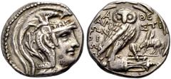 GRIECHISCHE MÜNZEN ATTIKA. ATHEN. Tetradrachmon, Neuer Stil, 97-96 v. Chr. Kopf der Athena Parthenos n. r. in Helm mit Helmbusch, auf dem Kessel Pegasos und Zweig. Rv. Eule frontal auf Amphora, darauf
