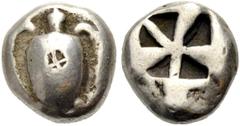 GRIECHISCHE MÜNZEN AIGINA. Stater, 525-475 v. Chr. Schildkröte. Rv. Inkusum in fünf Dreicke geteilt. 12,09 g. Hoover, HGC 6,107,430. SNG Delepierre 1640. Dicker, kugeliger Schrötling, Gegenstempel (Äg