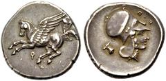 GRIECHISCHE MÜNZEN KORINTH. Stater, 380-360 v. Chr. (koppa) Pegasos n.l. fliegend. Rv. Athenakopf im korinthischen Helm mit großem Nackenschutz n.r., darüber ΕΥΘ (rückläufig), im Felde l. Pudenda viri