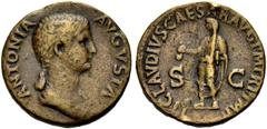 RÖMISCHE MÜNZEN KAISERZEIT. Antonia, Mutter des Claudius (41-54). Dupondius, 41-42. Drap. Büste mit Zopf n.r. Rv. TI CLAVDIVS CAESAR AVG PM TR P IMP/S-C Claudius verschleiert und mit Toga n.l. stehend