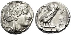 GRIECHISCHE MÜNZEN. ATTIKA. ATHEN. Tetradrachmon, ca. 417-407 v. Chr. Athenakopf mit Ohrring und Helm n. r., auf dem Helmkessel Ranke und zwei Lorbeerblätter. Rv. ΑΘΕ Eule n. r., im oberen l. Felde Öl