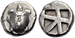 GRIECHISCHE MÜNZEN. AIGINA. Stater, 470-440 v. Chr. Schildkröte mit T-förmigem Punktmuster auf dem Panzer. Rv. Fünfteiliges Quadratum incusum. 12,27 g. SNG Delepierre 1526, Hoover, HGC 6, 435, Meadows