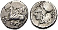 GRIECHISCHE MÜNZEN. KORINTHIA. KORINTH. Stater, 386-307 v. Chr. Pegasos n.l., darunter Koppa. Kopf der Athena n.l. im korinthischen Helm, im Felde r. E und Fackel. 8,25 g. Ravel Tf. LIX,249,992, Calci