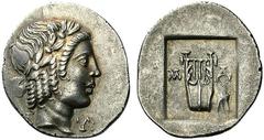 Griechische Münzen LYKIEN LYKISCHE LIGA. Hemidrachmon, Masikytes, 28-18. L-U Apollokopf mit Lorbeerkranz n. r., das Haar in Zapfenlocken. Rv. M-A Kithara, unten r. Dreifuss; das Ganze in einem flachen