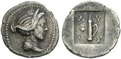 Griechische Münzen LYKIEN LYKISCHE LIGA. Vierteldrachme, Myra, 28-18. Artemiskopf mit Diadem und Chignon n. r. Rv. L-U / M-U Köcher, im Felde l. Isiskrone. 0,81 g. Troxell, LL 158, 140. Sehr selten. G