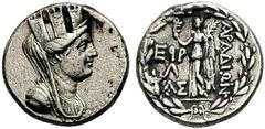 GRIECHISCHE MÜNZEN PHOINIKIEN ARADOS Tetradrachmon, 64-63. Verschleierte Tychebüste mit Mauerkrone n. r. Rv. ΑΡΑΔΙΩΝ Nike im langen Chiton n. l. stehend, mit der Linken Palmzweig schulternd, in der Re