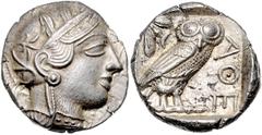 Antike Griechen - Athen Tetradrachme nach 449 v. Chr. Athenakopf mit attischem Helm, Ohrring und Perlenhalskette nach rechts / Eule vor Olivenzweig und Mondsichel SNG Cop. vgl. 37. 17,20 g vz-st