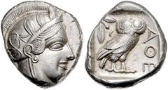 Antike Griechen - Athen Tetradrachme nach 449 v. Chr. Athenakopf mit attischem Helm, Ohrring und Perlenhalskette nach rechts / Eule vor Olivenzweig und Mondsichel SNG Cop. vgl. 37. 17,22g vz