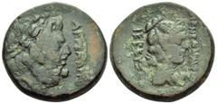 Greek EPEIROS. Dodona. Circa 168-148 BC. (Bronze, 25.5 mm, 16.87 g, 11 h), struck under Argeades Menedemos, priest of the temple of Zeus. APΓEAΔHΣ Head of Dodonian Zeus with oak wreath to right. Rev. 