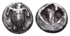 Greek ISLANDS OFF ATTICA, Aegina. Circa 525/0-500 BC. Obol (Silver, 8 mm, 0.95 g). Sea turtle with T-shaped arrangement of pellets on his shell. Rev. Incuse divided into an irregular number of compart