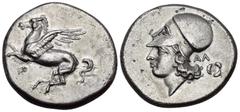 Greek CORINTHIA. Corinth. Circa 350-300 BC. Stater (Silver, 22 mm, 8.26 g, 6 h). Ϙ Pegasus flying to left with pointed wing. Rev. Head of Athena to left, wearing Corinthian helmet; to right, ΑΛ and cr