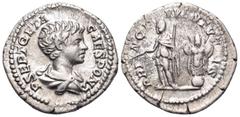 Roman Imperial Geta, as Caesar, 198-209. Denarius (Silver, 19 mm, 3.27 g, 12 h), struck under Septimius Severus and Caracalla, Rome, 200-202. P SEPT GETA CAES PONT Bare-headed and draped bust of Geta 