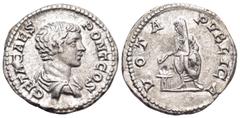Roman Imperial Geta, as Caesar, 198-209. Denarius (Silver, 19 mm, 3.12 g, 1 h), Rome, 203-209. GETA CAES PONT COS Bare-headed and draped bust of Geta to right. Rev. VOTA PVBLICA Geta, togate, standing