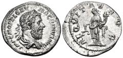 Roman Imperial Macrinus, 217-218. Denarius (Silver, 20 mm, 3.48 g, 12 h), Rome, 218. IMP C M OPEL SEV MACRINVS AVG Laureate and draped bust of Macrinus to right. Rev. AEQVITAS AVG Aequitas standing le