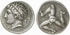 SICILY, Syracuse. Late Third Democracy or early in the reign of Agathocles . Drachm (Silver, 4.12 g 2), struck circa 317/316. ΣΥΡΑΚΟΣΙΩΝ Laureate head of the youthful Ares to left; behind, Palladion. 