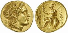 KINGS of THRACE. Lysimachos. 305-281 BC. Stater (Gold, 8.53 g 12), Alexandria Troas, struck 297/6-282/1 BC. Diademed head of Alexander III to right, ram’s horn over his ear. Rev. ΒΑΣΙΛΕΩΣ ΛΥΣΙΜΑΧΟΥ At