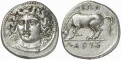 THESSALY, Larissa. Circa 356-342 BC. Drachm (Silver, 6.19 g 1). Head of the nymph Larissa facing, turned slightly to left, wearing ampyx, triple-pendant earring and necklace. Rev. ΛΑΡΙΣ - ΑΙΩΝ Horse g