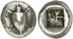ISLANDS off ATTICA, Aegina. Circa 550-530/25 BC. Stater (Silver, 12.30 g). Sea turtle, with no collar and an almost smooth carapace. Rev. “Union Jack” pattern reverse with eight segments, some partial