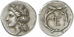 ARGOLIS, Hermione. Circa 360-320/10 BC. Triobol (Silver, 2.85 g 7). Head of Demeter Chthonia to left wearing grain wreath, pendant earring and pearl necklace. Rev. Monogram of ΕΡ within wreath of grai