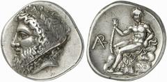 ARKADIA, Arkadian League. Megalopolis. Summer 363-Spring 362. Stater (Silver, 12.19 g 1). Laureate head of Zeus Lykaios to left. Rev. Youthful Pan, nude and with his head facing, seated to left on a r