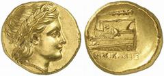 BITHYNIA, Kios. Circa 340-330. Stater (Gold, 8.59 g 11), signed by the magistrate Agasikles. Laureate head of Apollo to right. Rev. ΑΓΑΣΙΚΛΗΣ Prow of war galley to left, ornamented with a star; above,
