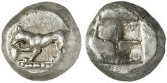 Ionia or Lydia, Uncertain mint. Early 5th century BC. Drachm (Silver, 4.37 g). Wolf, eating bunch of grapes held by his right paw, standing to left on base composed of a horizontal row of pearls betwe