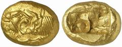 KINGS of LYDIA. Kroisos. Circa 560-546 BC. Stater (Gold, 8.09 g), light standard, Sardes, circa 550-546 and later. Foreparts of lion, on the left, and bull, on the right, facing each other. Rev. Two i
