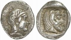DYNASTS of LYCIA. Kherei. Circa 440/30-410 BC. Stater (Silver, 8.51 g 6), Telmessos. Head of Athena to right, wearing crested Attic helmet adorned with tendril and four olive leaves; behind neck, symb