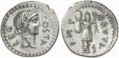 Brutus. Denarius (Silver, 3.83 g 12), struck by Pedanius Costa in a mint moving with Brutus and Cassius in either western Asia Minor or Northern Greece, late summer-autumn 42 BC. LEG COSTA Laureate he