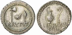 Brutus. Denarius (Silver, 3.97 g 12), military mint, probably at Smyrna, early 42 BC. BRVTVS Axe, simpulum and knife. Rev. LENTVLVS / SPINT Jug and lituus. Crawford 500/7. CRI 198. Sydenham 1310. A lo