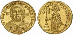 Justinian II. First reign, 685-695. Solidus (Gold, 4.43 g 6), Constantinople, 692-695. IhS CRISTDS REX REGNANTIuM Draped bust of Christ facing, with long hair and full beard, raising right hand in ben