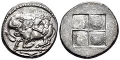 Greek MACEDON. Akanthos. Circa 525-470 BC. Tetradrachm (Silver, 26 mm, 17.05 g). Lion to right, attacking bull, collapsing to left with head raised and looking to the right; below bull, exergual line 