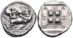Greek MACEDON. Akanthos. Circa 430-390 BC. Tetradrachm (Silver, 25 mm, 14.24 g, 11 h), struck under the magistrate Alexi(o)s. ΑΛΕΞΙΣ Lion to right, attacking bull collapsing to left. Rev. ΑΚΑ-Ν-ΘΙΟ-Ν 