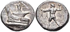 Greek KINGS OF MACEDON. Demetrios I Poliorketes, 306-283 BC. Tetradrachm (Silver, 26 mm, 16.50 g, 12 h), Ephesos, circa 301-295. Nike, blowing a trumpet and holding a stylis, alighting to left on a le